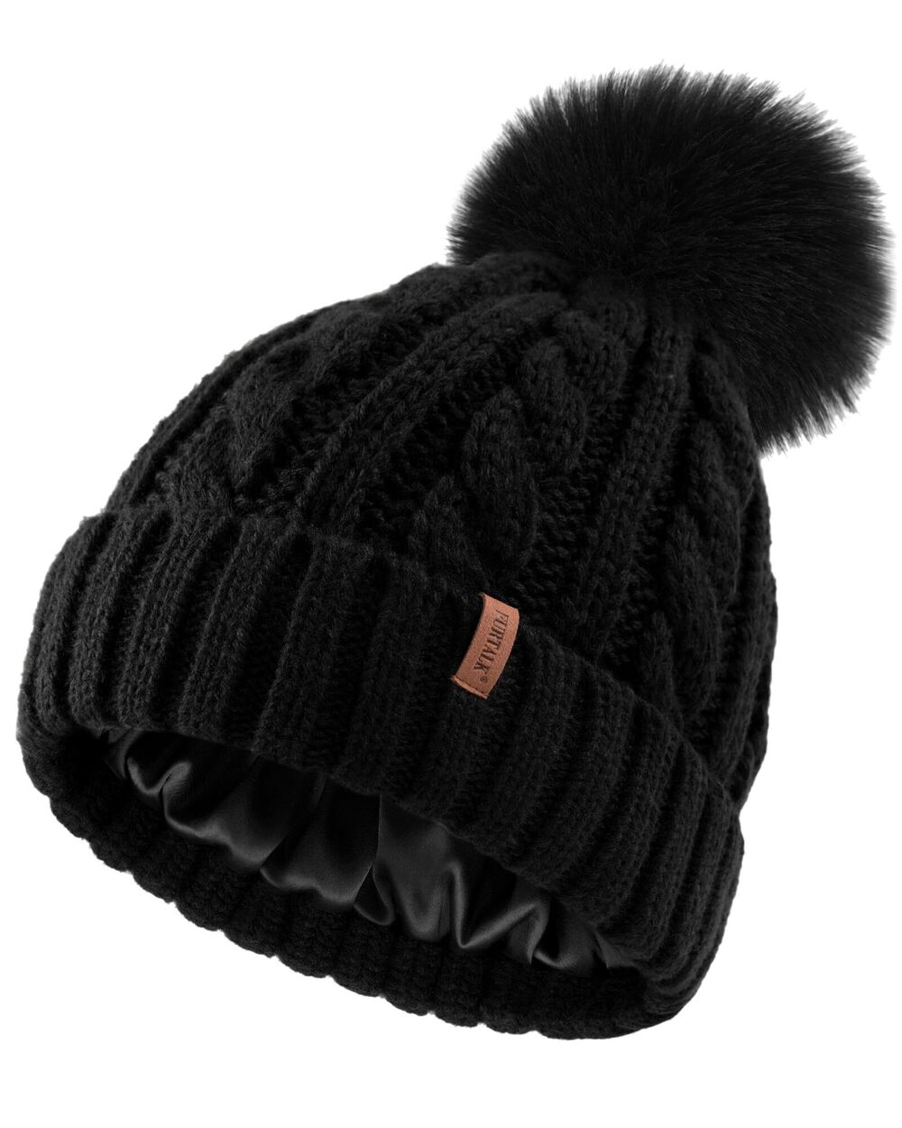 4023 Satin Lined Winter Hats Knit Beanie Hat Warm Pom Pom Cap Black